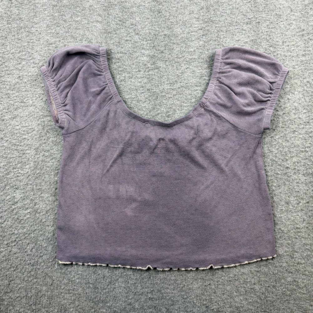 Me To We Crop Top Womens XS Purple Puff Sleeve Lettuce Hem Scoop Neck Bow Accent - Picture 6 of 6